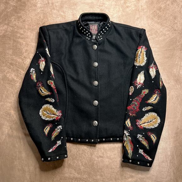 Gordon & James Vintage 90s Feather Embroidered Western Jacket Wool Blend Studded - Picture 1 of 7